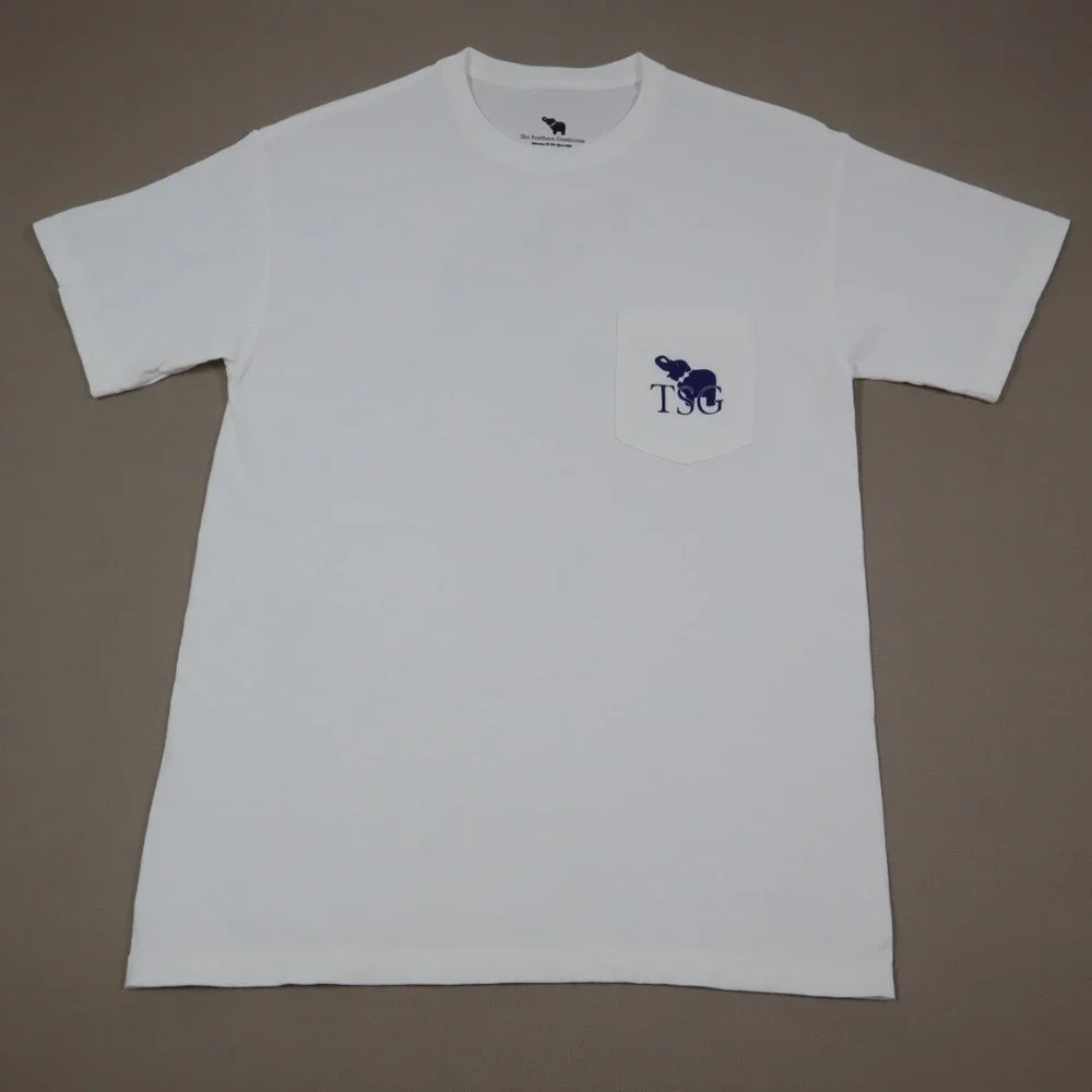 The Southern Gentleman White Pocket Tee with Plaid Elephant Icon - Size M